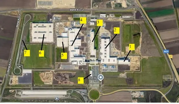 A debreceni BMW-gyár legfontosabb egységei (Forrás: saját szerkesztés a maps.google.hu alapján)